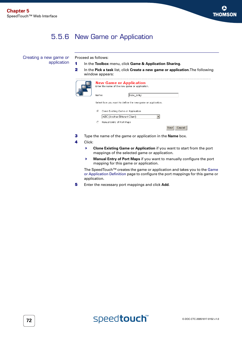 6 new game or application, Creating a new game or application, New game or application | Chapter 5 | Technicolor - Thomson SpeedTouch 706 (WL) User Manual | Page 80 / 122