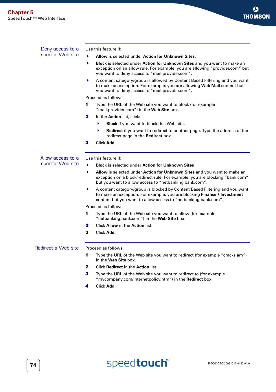 Deny access to a specific web site, Allow access to a specific web site, Redirect a web site | Chapter 5 | Technicolor - Thomson SpeedTouch 706 (WL) User Manual | Page 82 / 122