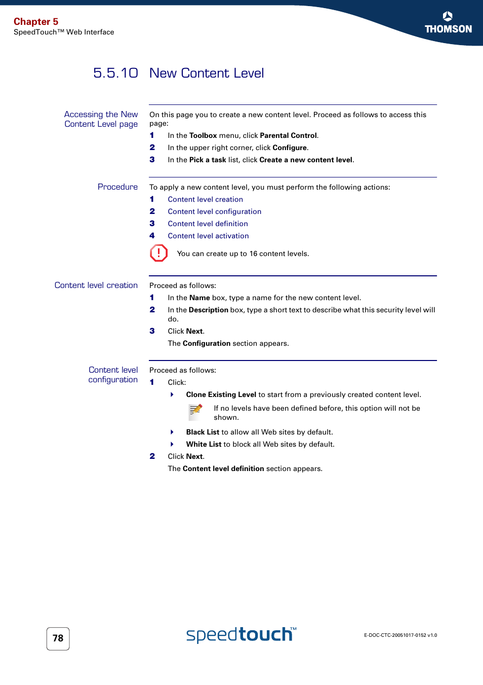 10 new content level, Procedure, Content level creation | Content level configuration, New content level, Chapter 5 | Technicolor - Thomson SpeedTouch 706 (WL) User Manual | Page 86 / 122