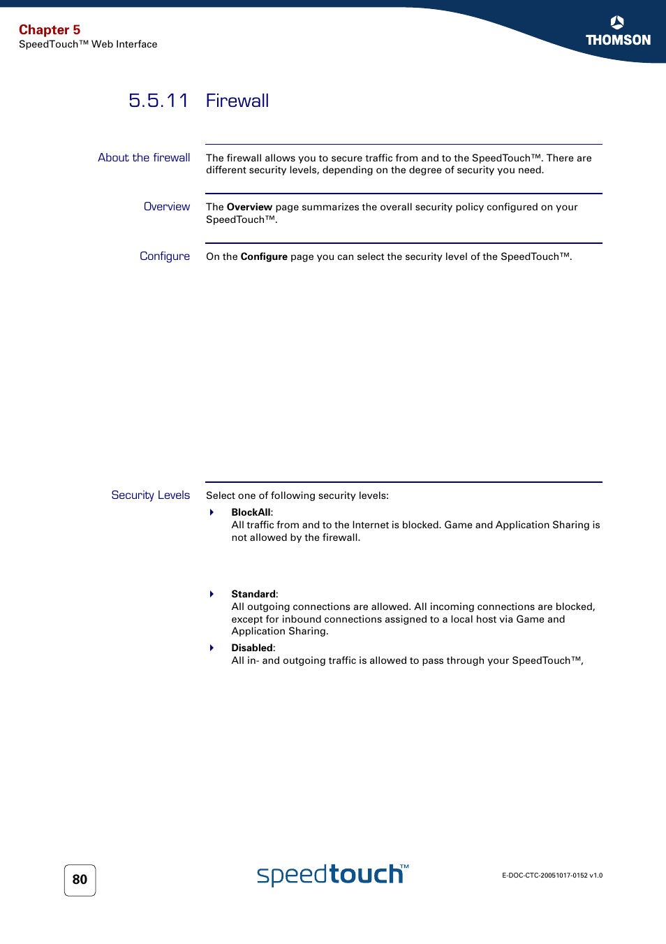 11 firewall, About the firewall, Overview | Configure, Security levels, Firewall, Chapter 5 | Technicolor - Thomson SpeedTouch 706 (WL) User Manual | Page 88 / 122