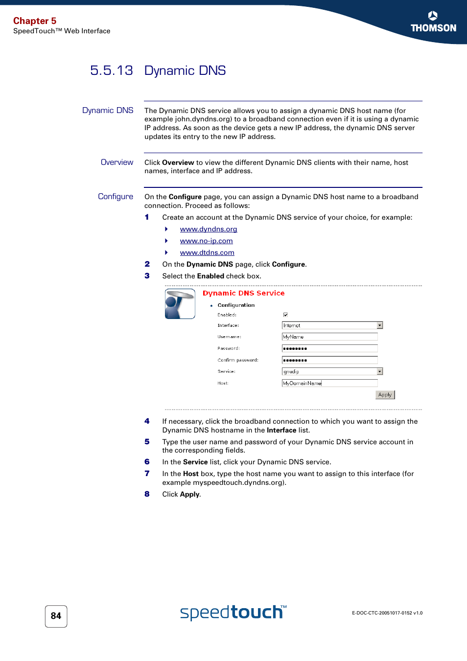 13 dynamic dns, Dynamic dns, Overview | Configure, Chapter 5 | Technicolor - Thomson SpeedTouch 706 (WL) User Manual | Page 92 / 122