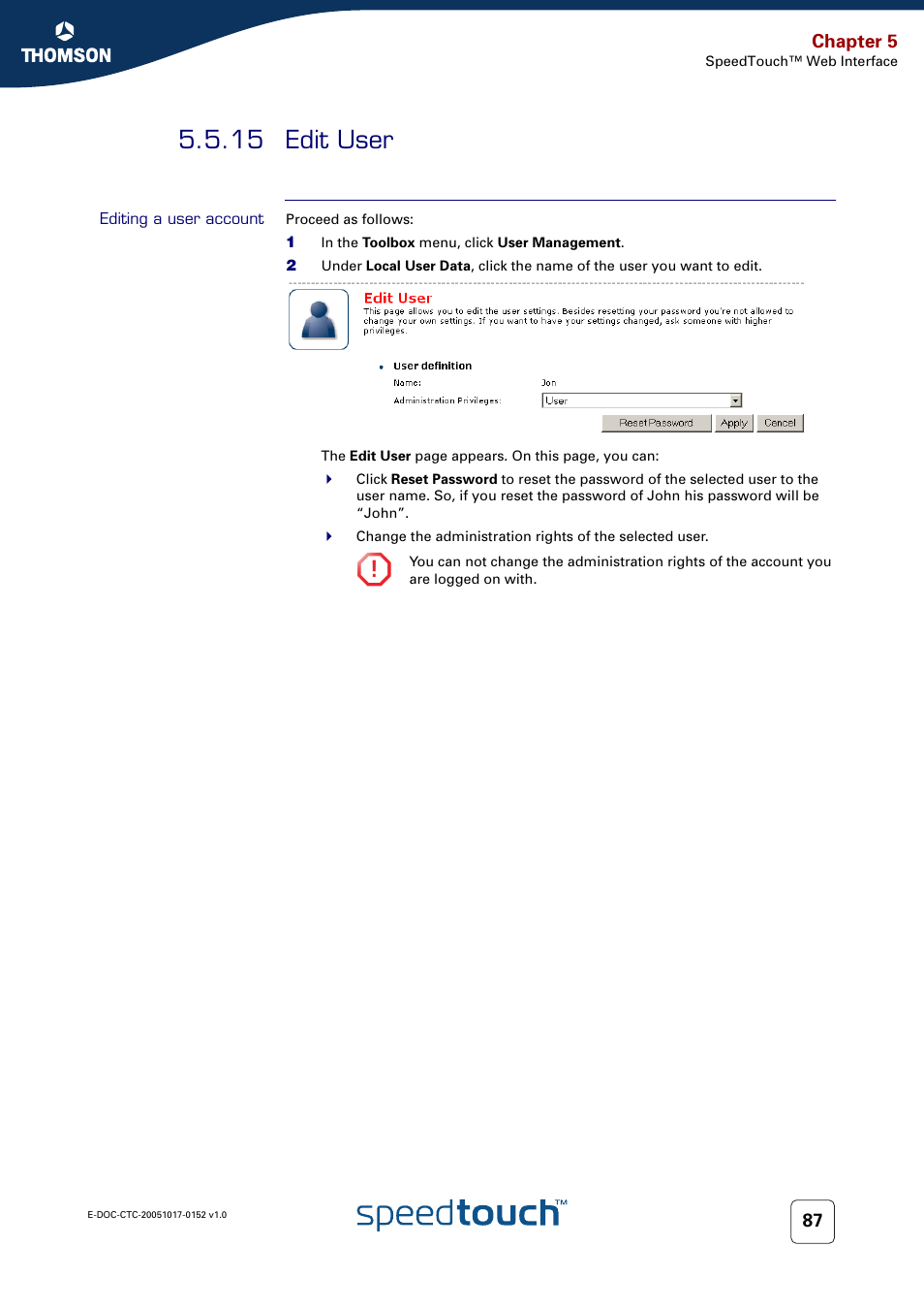 15 edit user, Editing a user account, Edit user | Technicolor - Thomson SpeedTouch 706 (WL) User Manual | Page 95 / 122