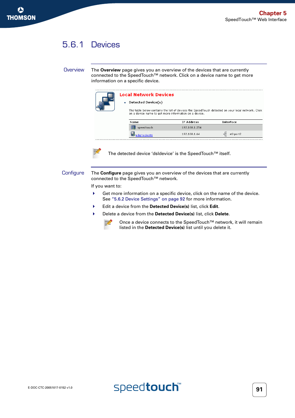 1 devices, Overview, Configure | Devices, Chapter 5 | Technicolor - Thomson SpeedTouch 706 (WL) User Manual | Page 99 / 122
