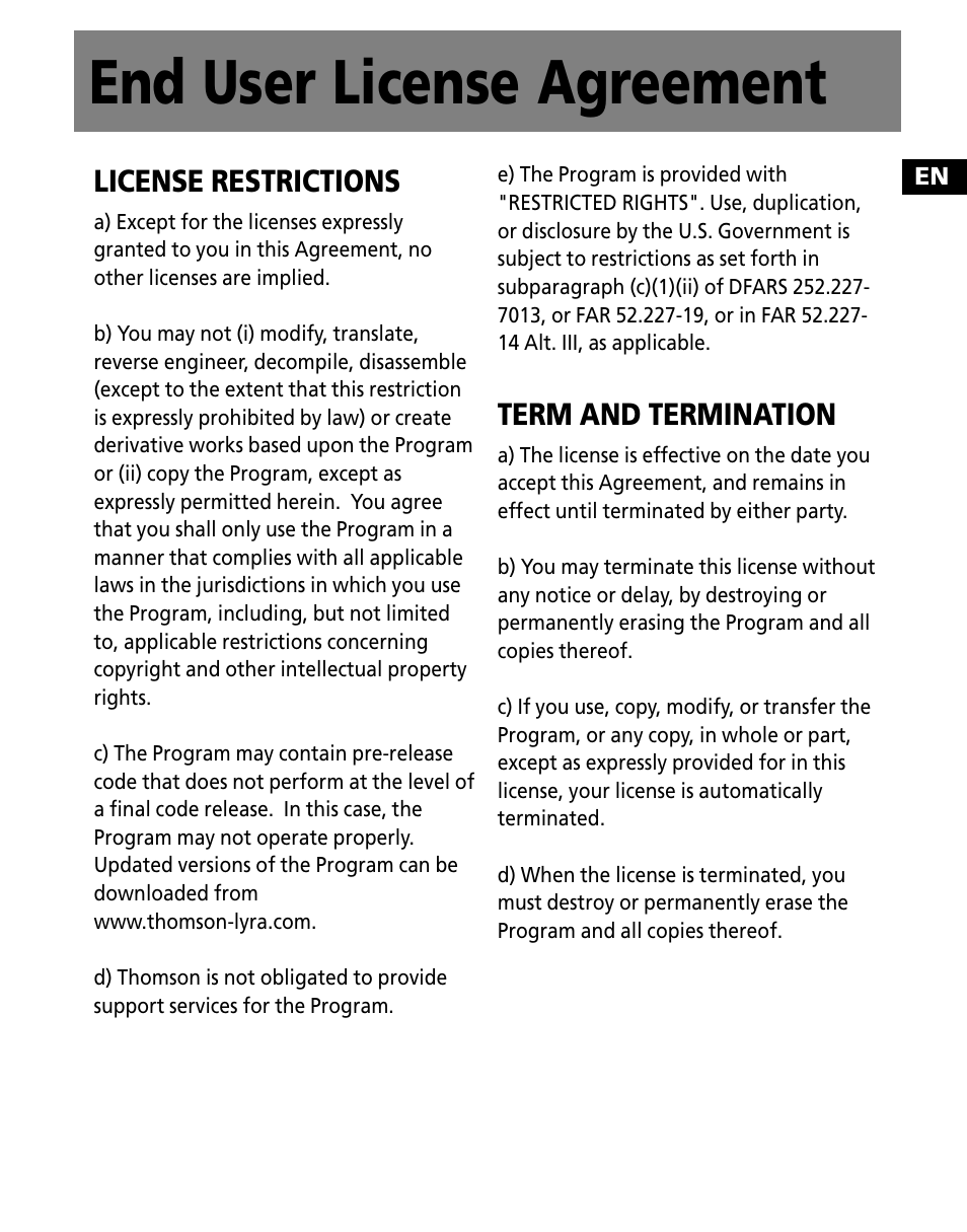 End user license agreement, License restrictions, Term and termination | Technicolor - Thomson PDP9523KFM User Manual | Page 33 / 50
