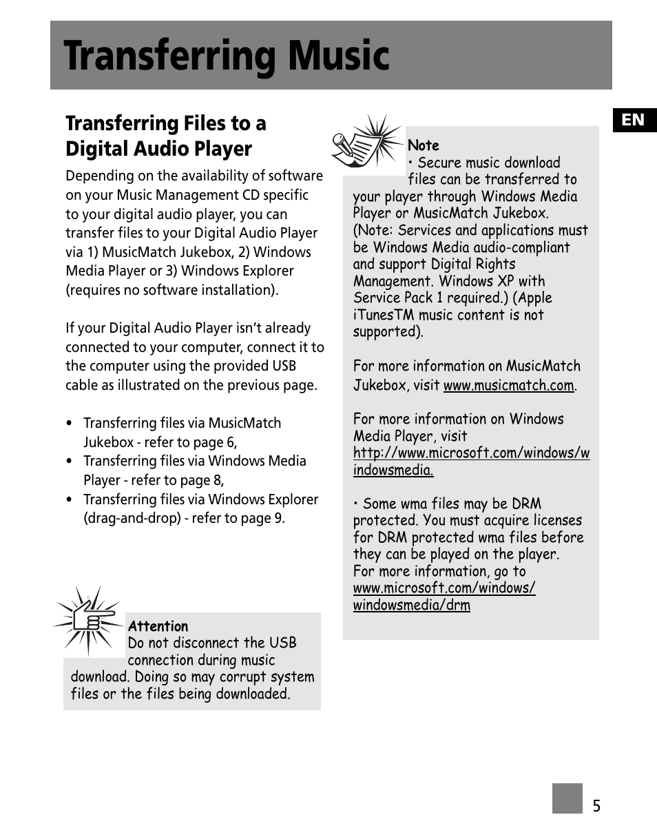 Transferring music, Transferring files to a digital audio player | Technicolor - Thomson PDP9523KFM User Manual | Page 43 / 50