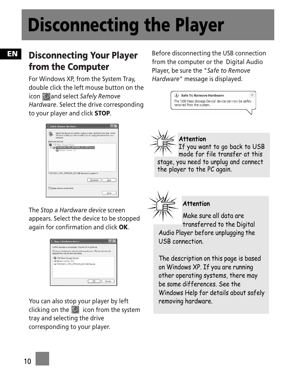 Disconnecting the player, Disconnecting your player from the computer | Technicolor - Thomson PDP9523KFM User Manual | Page 48 / 50