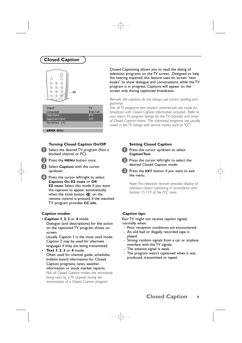 Closed caption | Philips 15LCD35 User Manual | Page 10 / 21