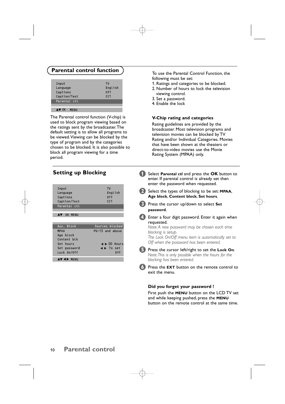 Parental control, Parental control function, Setting up blocking | Philips 15LCD35 User Manual | Page 11 / 21