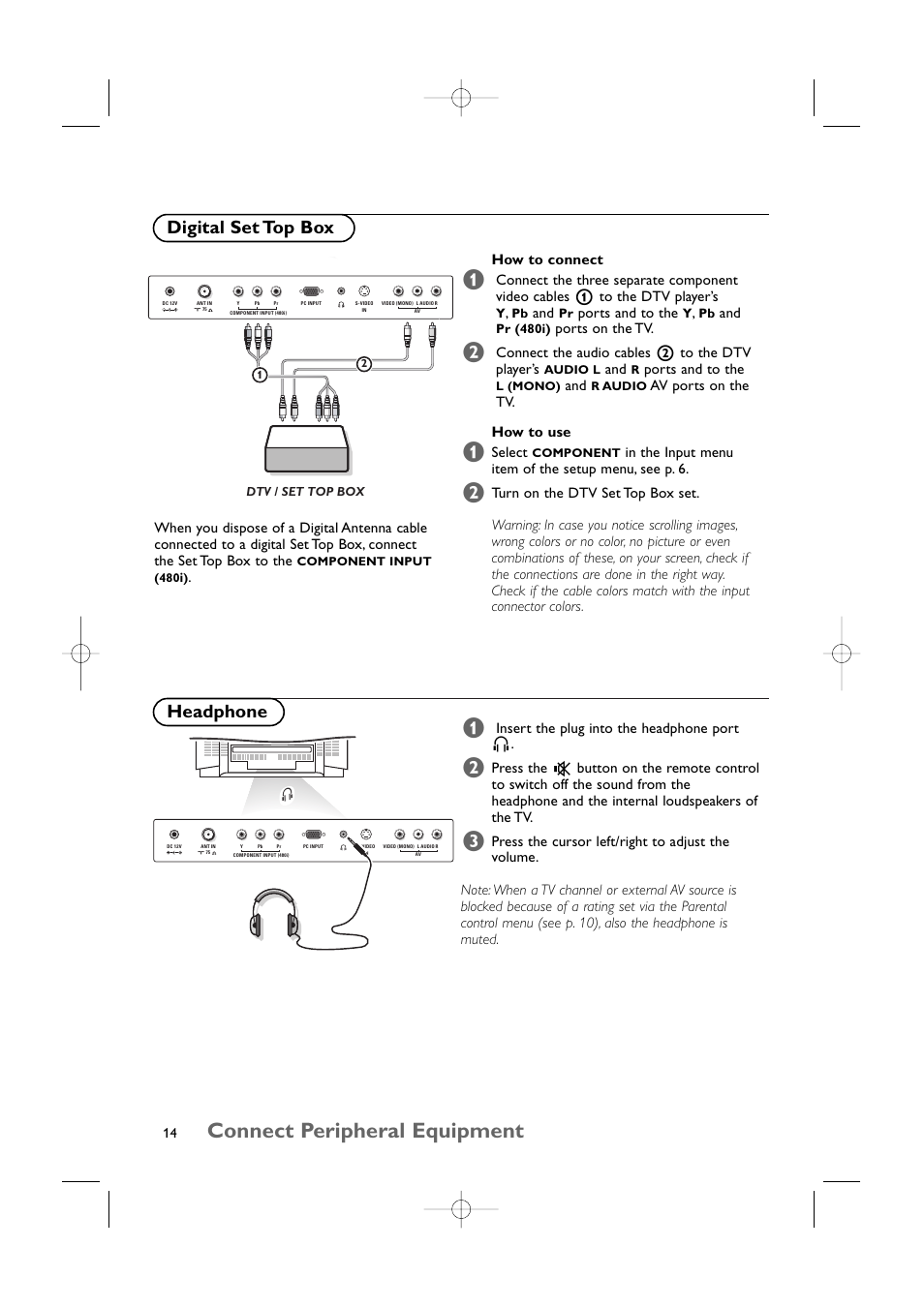 Connect peripheral equipment, Headphone, Digital set top box | Philips 15LCD35 User Manual | Page 15 / 21