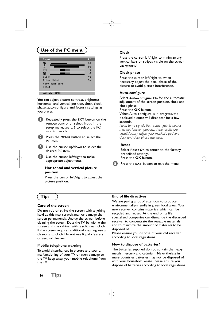 Tips, Use of the pc menu, Use of the pc menu tips | Philips 15LCD35 User Manual | Page 17 / 21