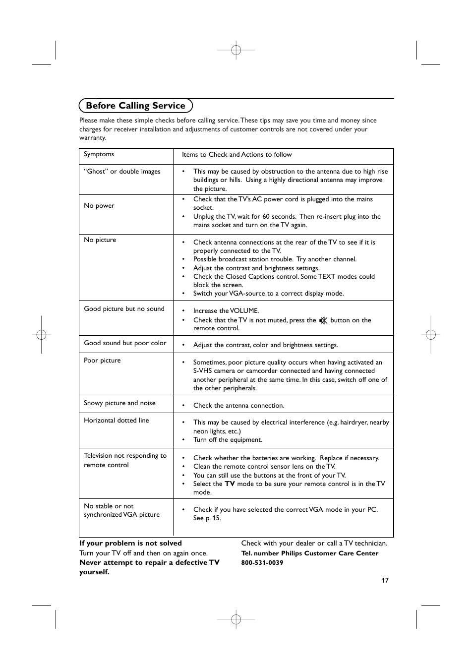 Before calling service | Philips 15LCD35 User Manual | Page 18 / 21