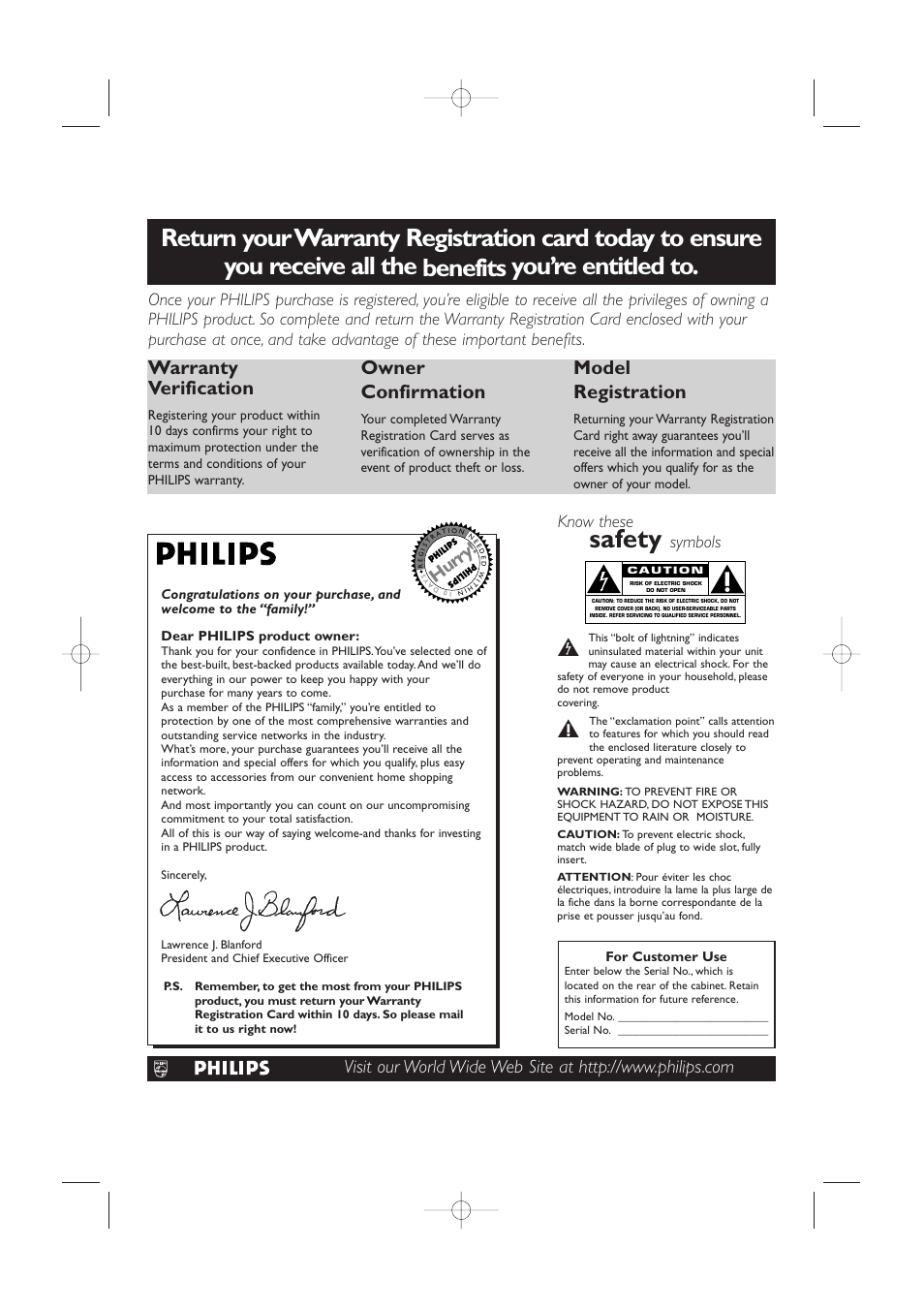 Safety, Warranty verification, Owner confirmation | Model registration, Hurry, Know these, Symbols | Philips 15LCD35 User Manual | Page 2 / 21