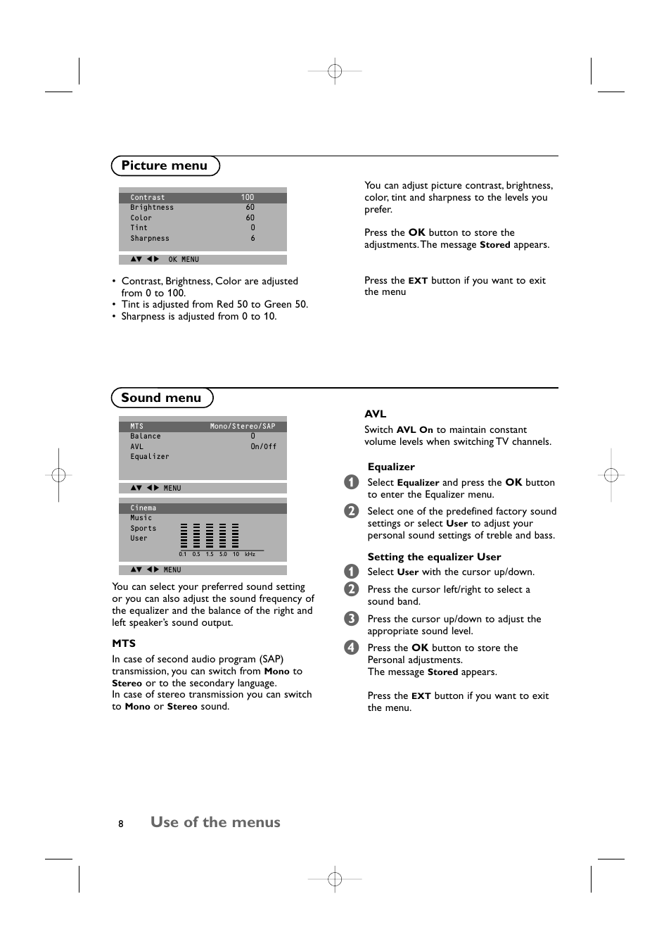 Use of the menus, Picture menu sound menu | Philips 15LCD35 User Manual | Page 9 / 21