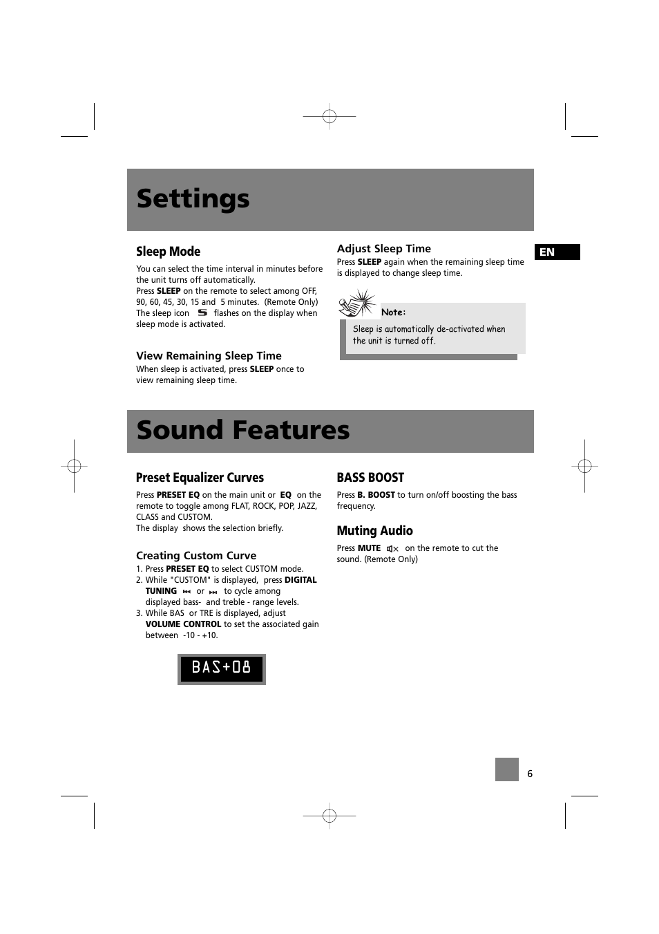 Settings, Sound features, Bas+08 | Technicolor - Thomson MS2200 User Manual | Page 10 / 18