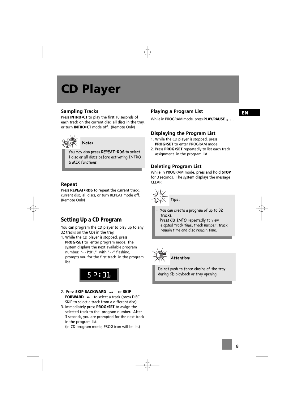 Cd player, 5 p:01, Setting up a cd program | Technicolor - Thomson MS2200 User Manual | Page 12 / 18