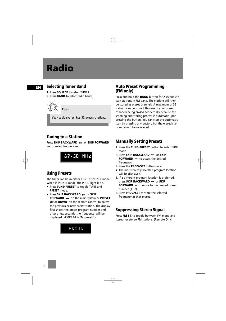 Radio, Selecting tuner band, Tuning to a station | Using presets, Auto preset programming (fm only), Manually setting presets, Suppressing stereo signal, 50 mh, Pr:01 | Technicolor - Thomson MS2200 User Manual | Page 13 / 18