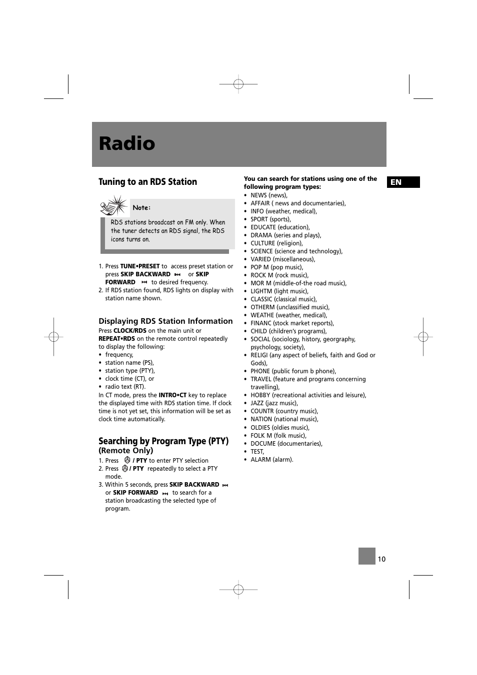 Radio, Tuning to an rds station, Searching by program type (pty) | Technicolor - Thomson MS2200 User Manual | Page 14 / 18