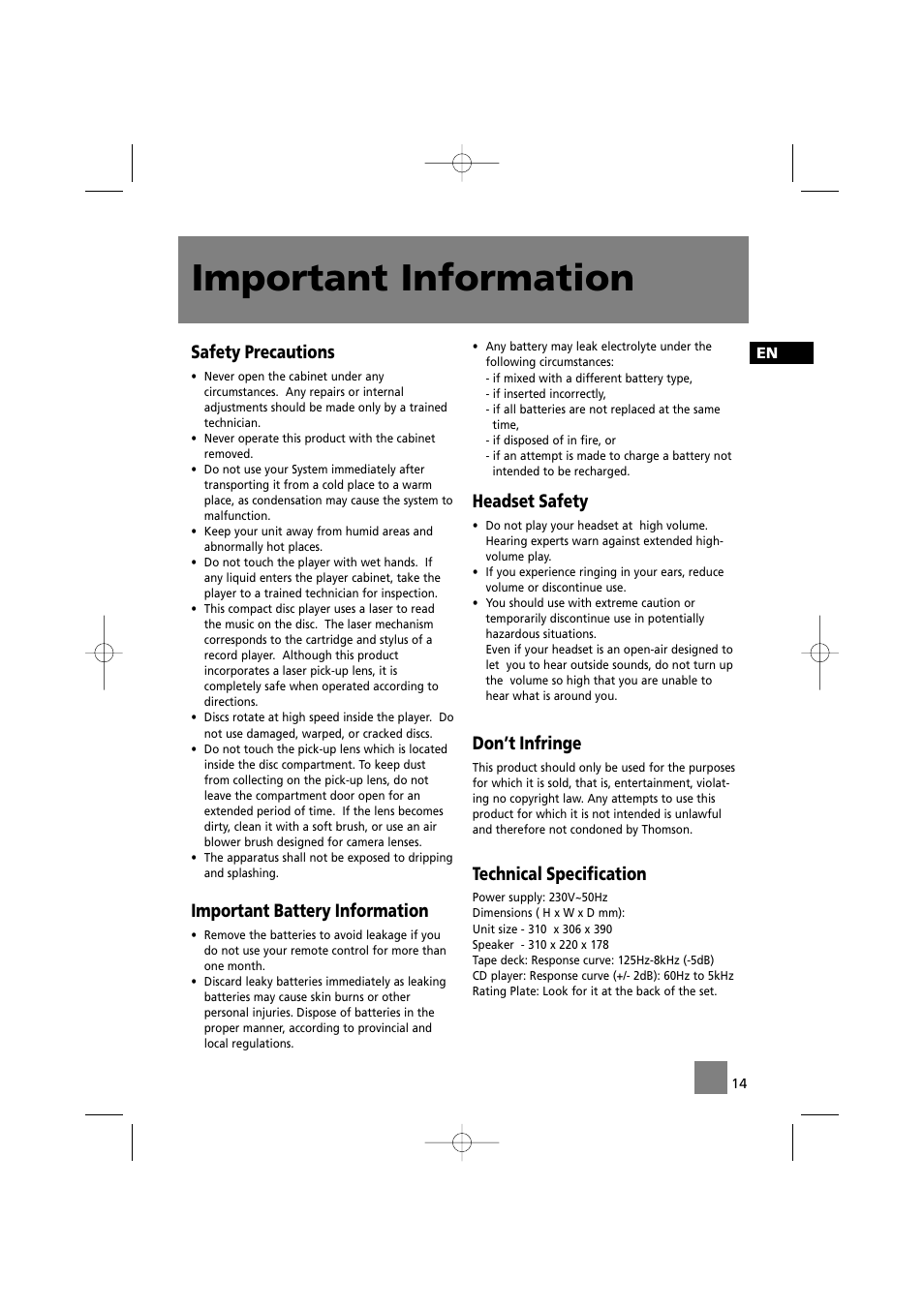 Important information, Safety precautions, Important battery information | Headset safety, Don’t infringe, Technical specification | Technicolor - Thomson MS2200 User Manual | Page 18 / 18