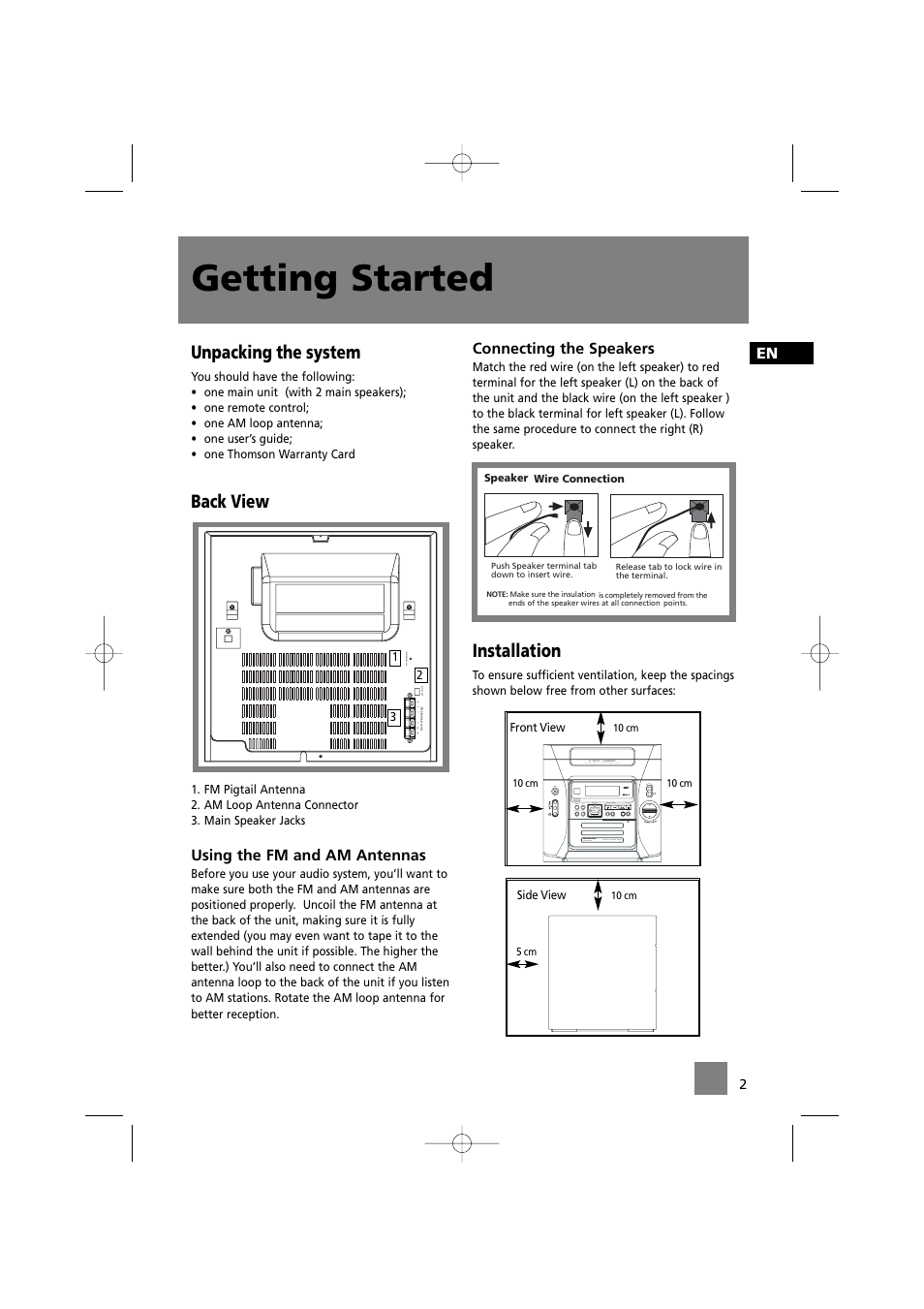 Getting started, Unpacking the system, Back view | Installation, Using the fm and am antennas, Connecting the speakers | Technicolor - Thomson MS2200 User Manual | Page 6 / 18