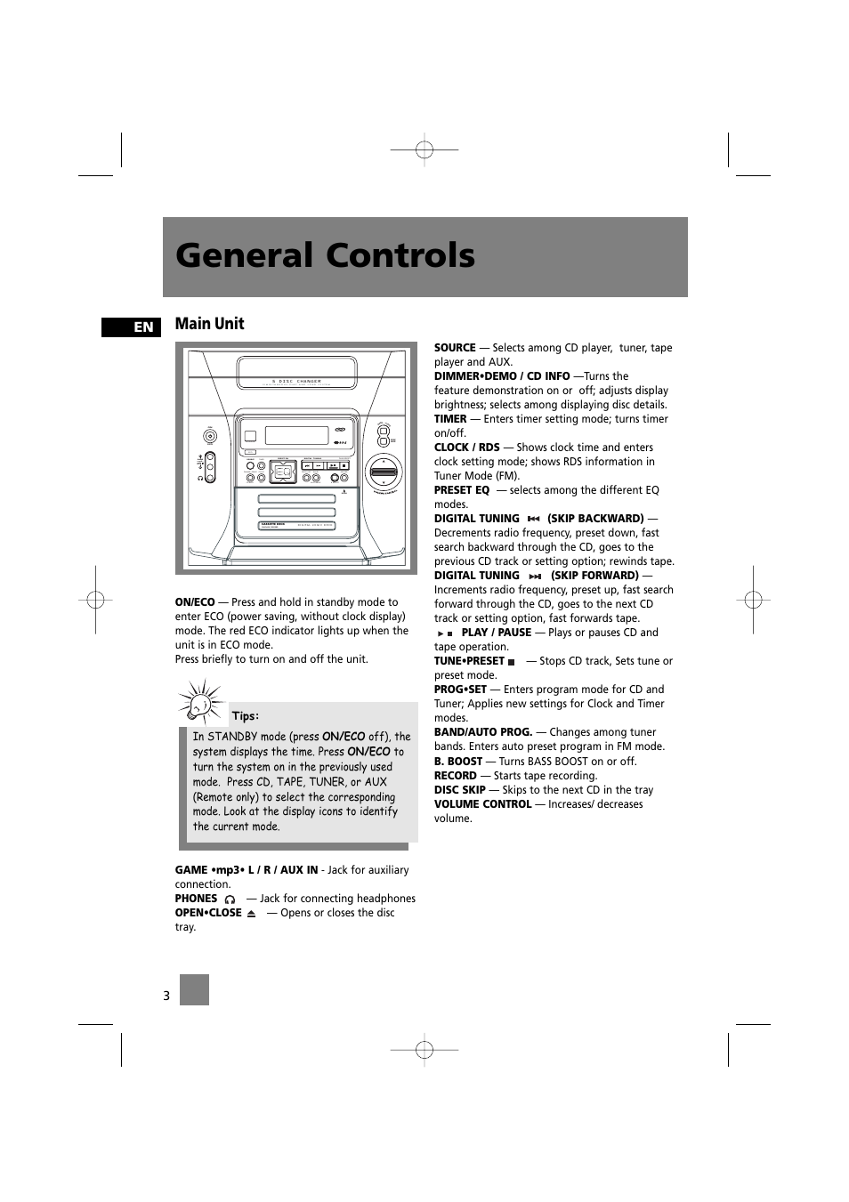 General controls, Main unit | Technicolor - Thomson MS2200 User Manual | Page 7 / 18