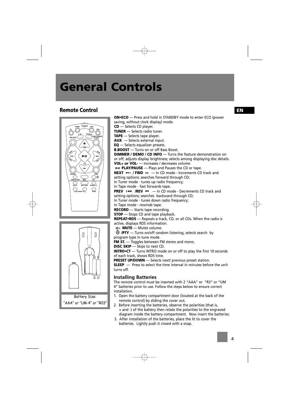 General controls, Remote control, Installing batteries | Technicolor - Thomson MS2200 User Manual | Page 8 / 18