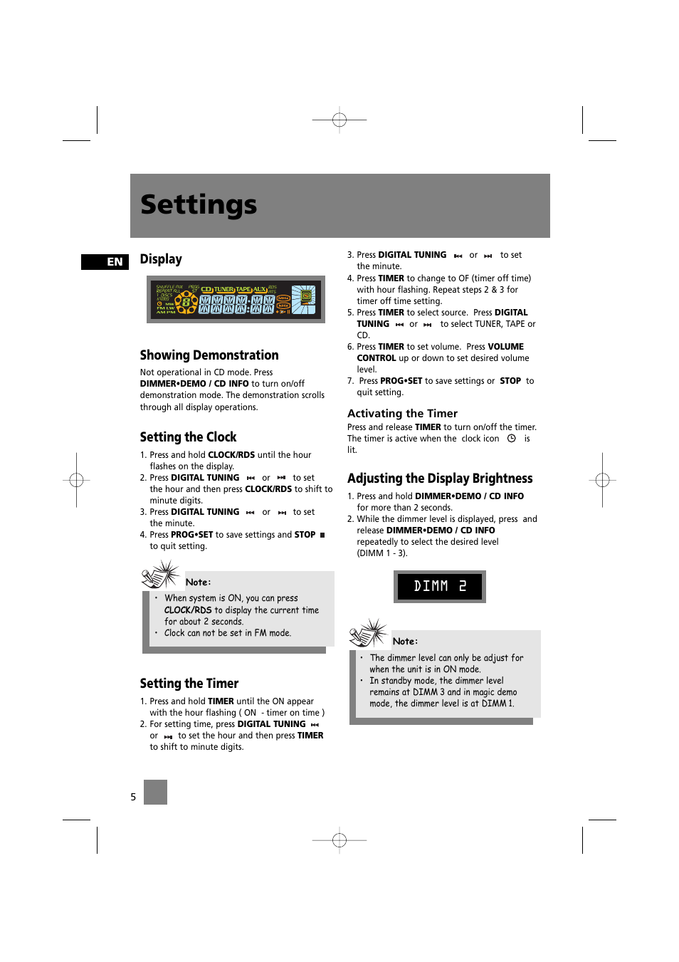 Settings, Display showing demonstration, Setting the clock | Setting the timer, Adjusting the display brightness, Dimm 2 | Technicolor - Thomson MS2200 User Manual | Page 9 / 18