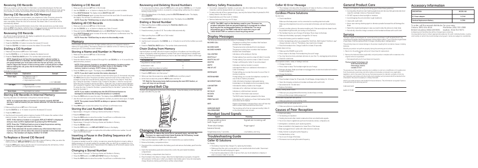Integrated belt clip, Causes of poor reception, General product care | Service, Accessory information, Changing the battery, Display messages, Handset sound signals, Troubleshooting guide, Receiving cid records | Technicolor - Thomson 27940 User Manual | Page 2 / 2