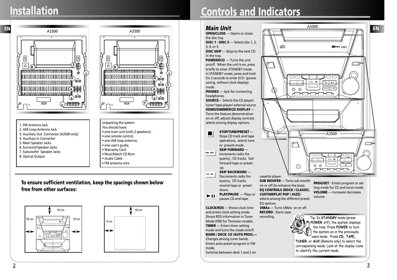 Installation, Controls and indicators, Main unit | Optical out, Digital audio system altima, Sound system, Disc, Up do w n, Simultaneous play and load system, Cd-r / rw compatible | Technicolor - Thomson A3300 User Manual | Page 4 / 8