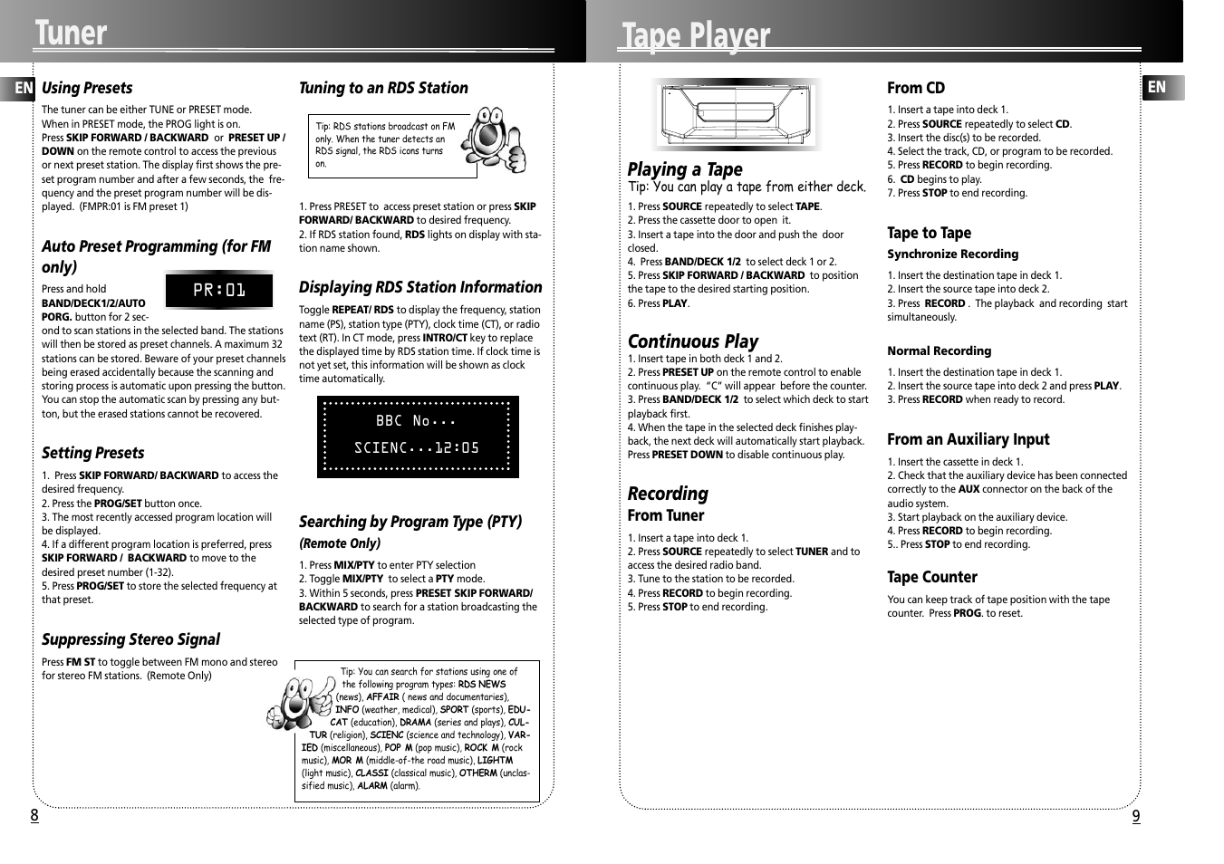 Tuner tape player, Playing a tape, Continuous play | Recording | Technicolor - Thomson A3300 User Manual | Page 7 / 8