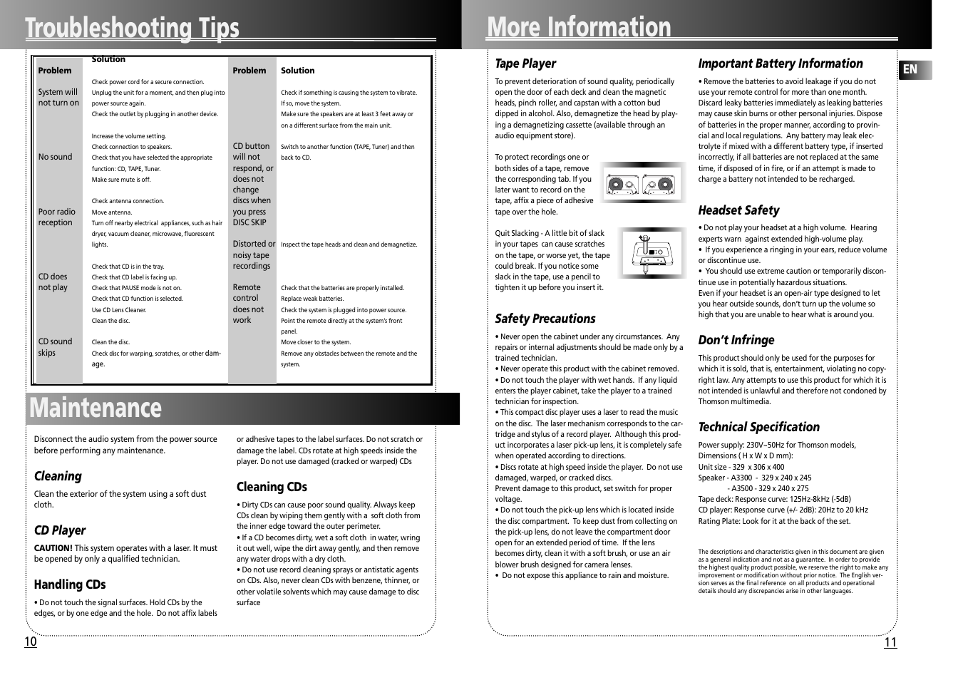 Maintenance troubleshooting tips, More information, Cleaning | Cd player, Handling cds, Cleaning cds, 11 en, Tape player, Safety precautions, Important battery information | Technicolor - Thomson A3300 User Manual | Page 8 / 8