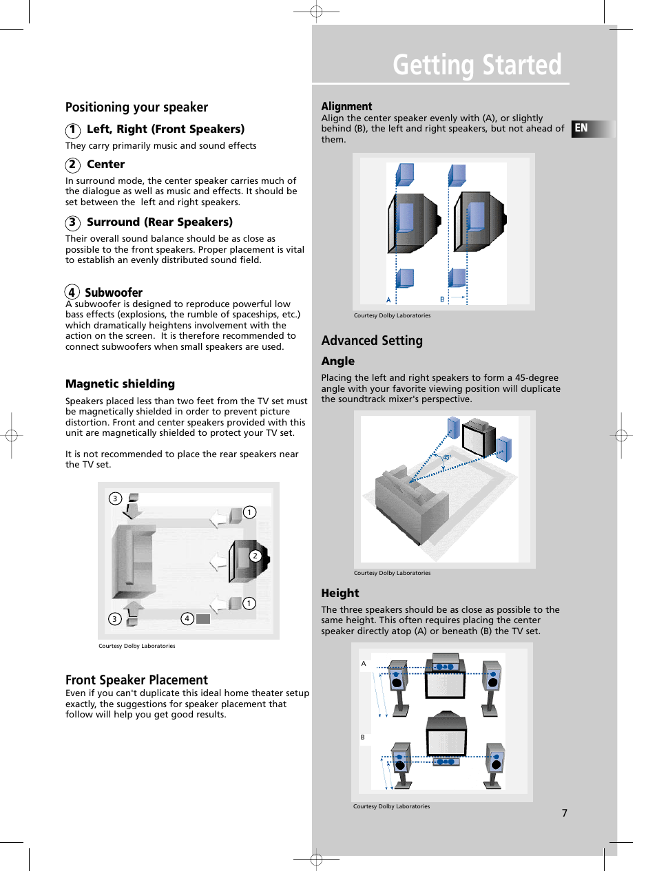 Getting started, Positioning your speaker, Front speaker placement | Advanced setting, 4 subwoofer | Technicolor - Thomson DPL590 User Manual | Page 10 / 28