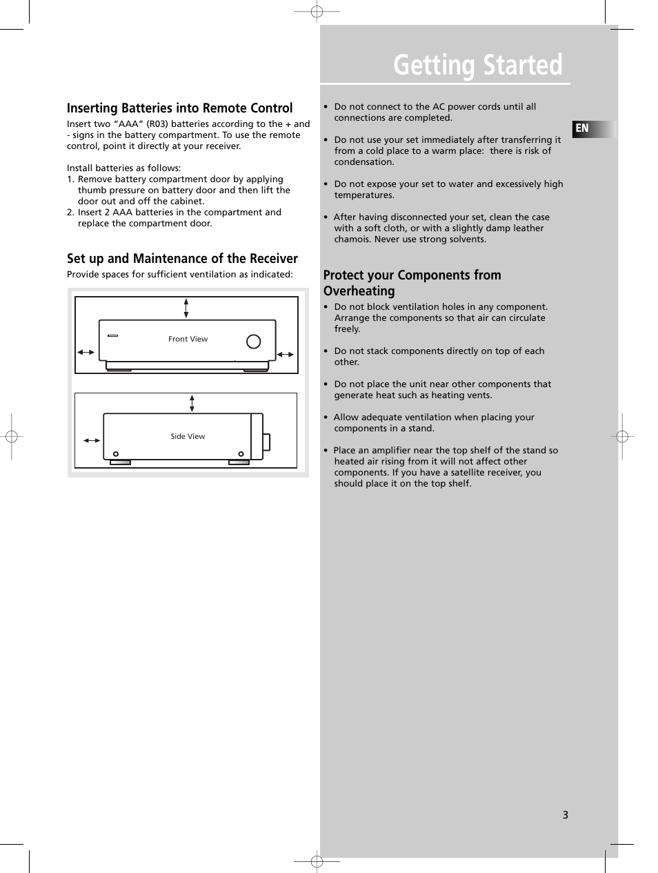 Getting started, Inserting batteries into remote control, Set up and maintenance of the receiver | Protect your components from overheating | Technicolor - Thomson DPL590 User Manual | Page 6 / 28