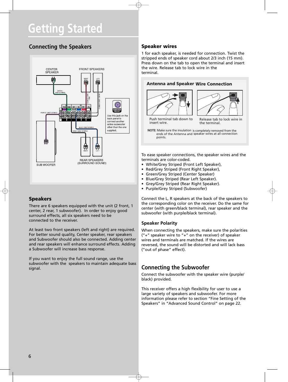 Getting started, Connecting the speakers, Connecting the subwoofer | Technicolor - Thomson DPL590 User Manual | Page 9 / 28