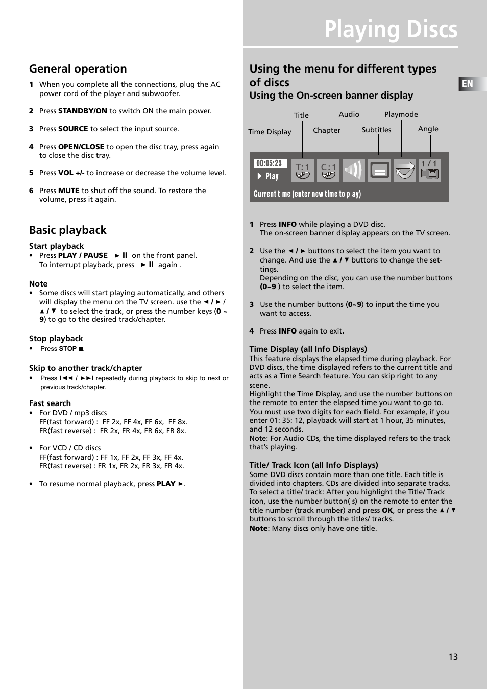 Playing discs, General operation, Basic playback | Using the menu for different types of discs, Using the on-screen banner display | Technicolor - Thomson DPL909VD User Manual | Page 16 / 25