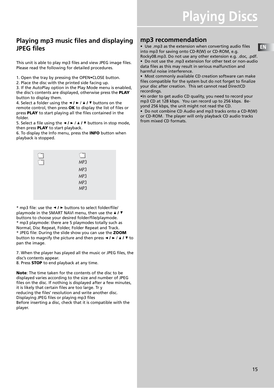 Playing discs, Playing mp3 music files and displaying jpeg files, Mp3 recommendation | Smart navi | Technicolor - Thomson DPL909VD User Manual | Page 18 / 25