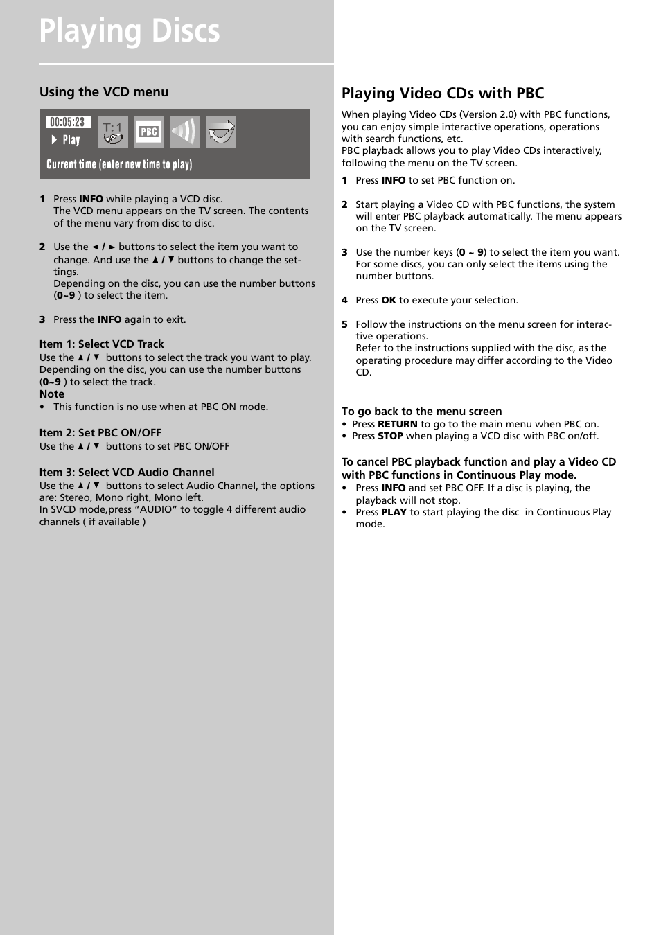 Playing discs, Playing video cds with pbc | Technicolor - Thomson DPL909VD User Manual | Page 19 / 25