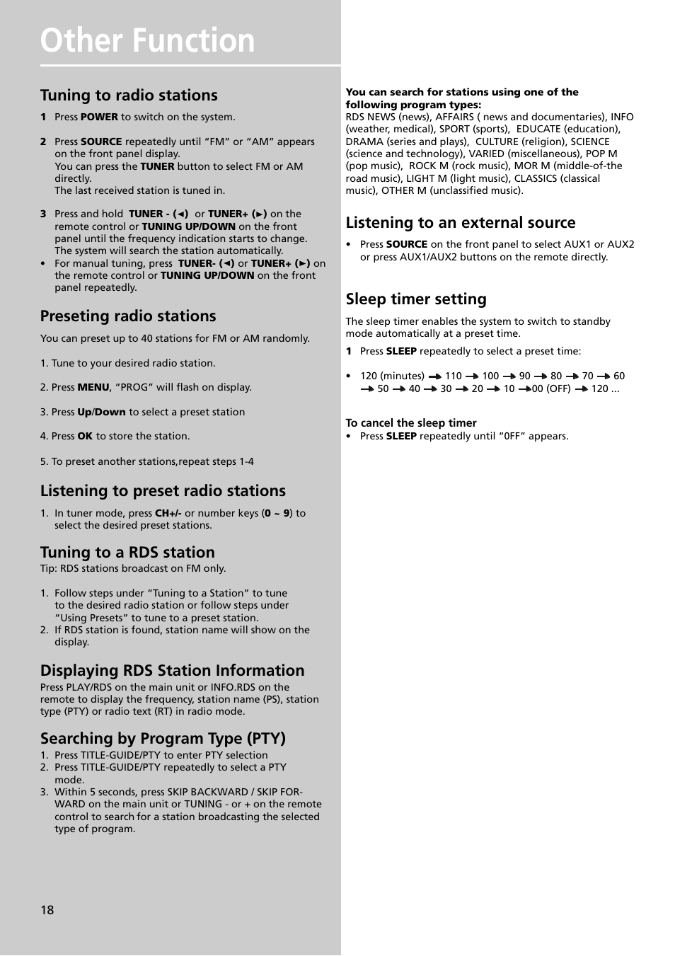 Other function, Tuning to radio stations, Preseting radio stations | Listening to preset radio stations, Tuning to a rds station, Displaying rds station information, Searching by program type (pty), Listening to an external source, Sleep timer setting | Technicolor - Thomson DPL909VD User Manual | Page 21 / 25
