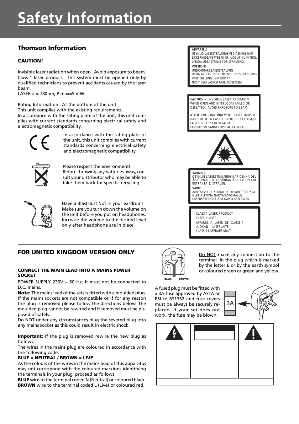 Safety information, Caution, Warning | Thomson information, For united kingdom version only | Technicolor - Thomson DPL909VD User Manual | Page 3 / 25