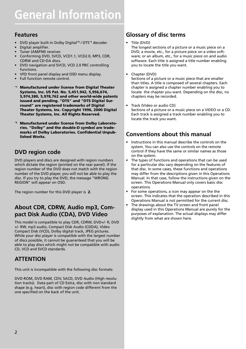 General information, Features, Dvd region code | Attention, Glossary of disc terms, Conventions about this manual | Technicolor - Thomson DPL909VD User Manual | Page 5 / 25