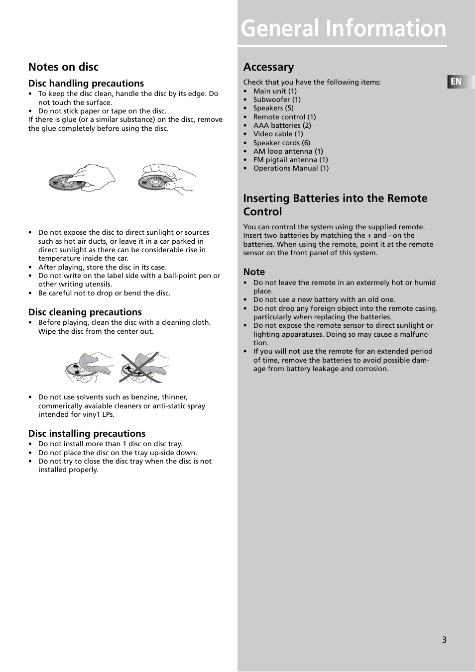 General information, Accessary, Inserting batteries into the remote control | Technicolor - Thomson DPL909VD User Manual | Page 6 / 25