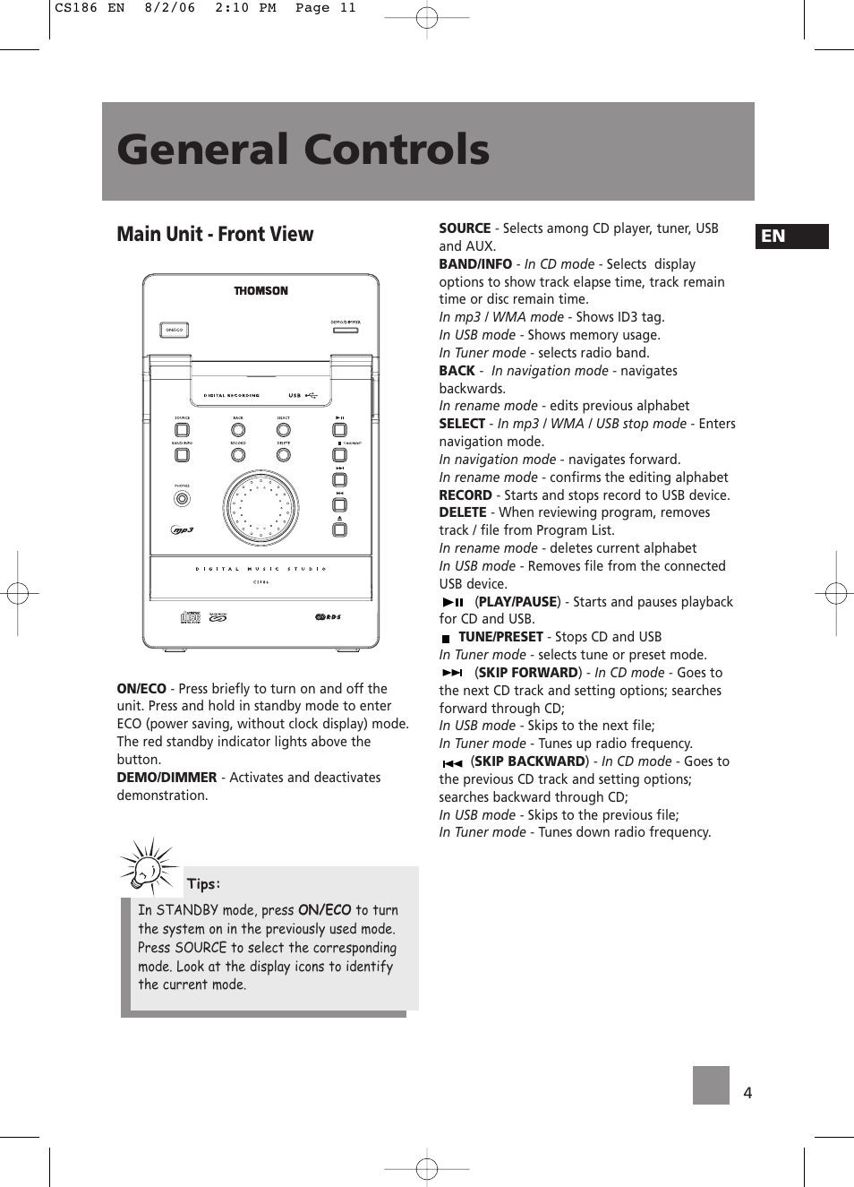 General controls, Main unit - front view | Technicolor - Thomson CS186 User Manual | Page 4 / 6