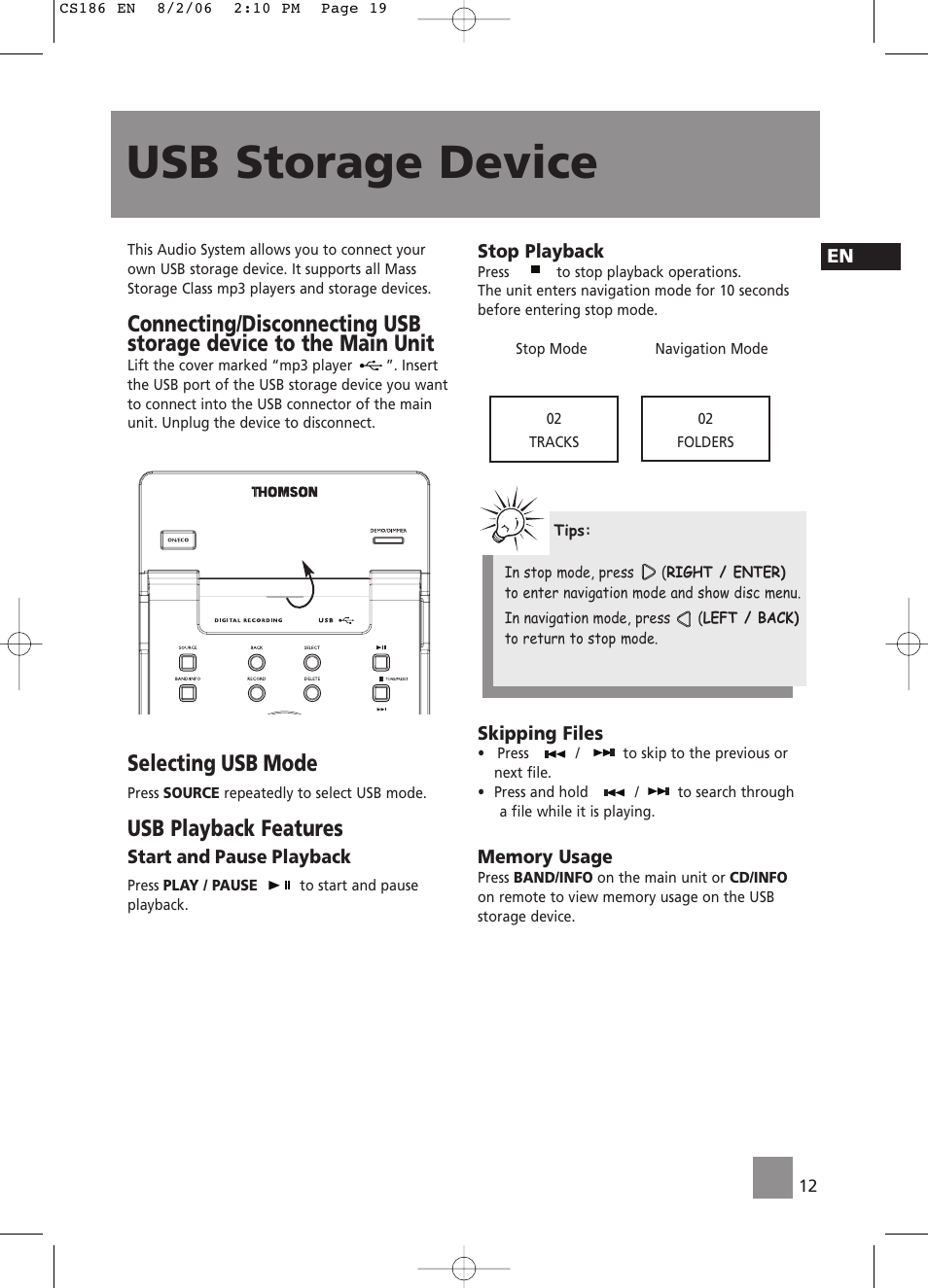 Usb storage device, Selecting usb mode, Usb playback features | Technicolor - Thomson CS186 User Manual | Page 5 / 6
