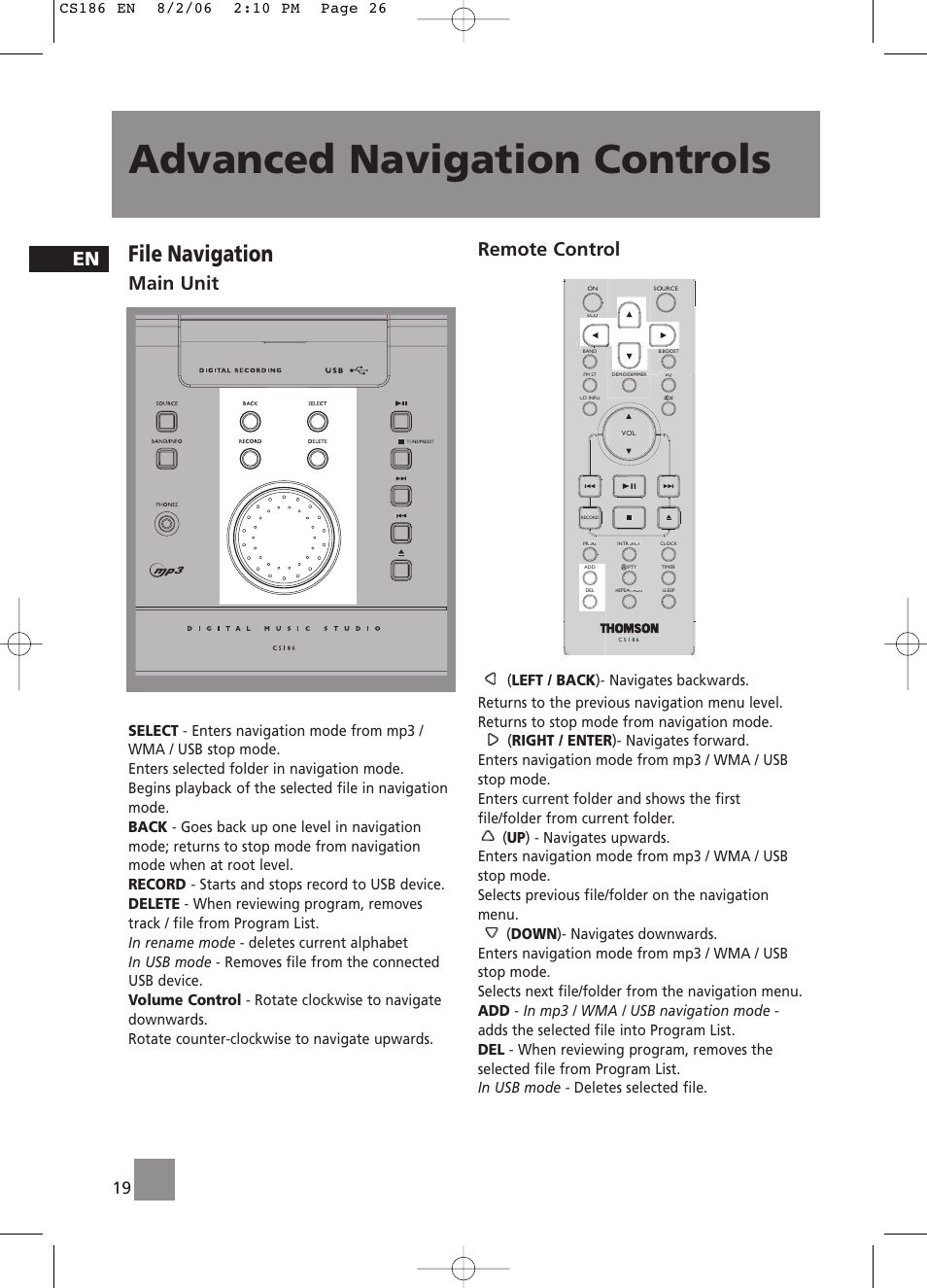 Advanced navigation controls, File navigation, Main unit | Remote control | Technicolor - Thomson CS186 User Manual | Page 6 / 6