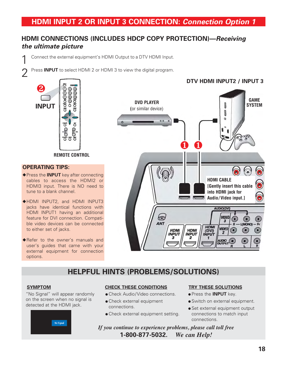 External equipment connection, Hdmi 2/3 (dvd player / game system), Connection option 1 | Hdmi input 2 or input 3 connection, Helpful hints (problems/solutions), Receiving the ultimate picture | Technicolor - Thomson DP50747 User Manual | Page 18 / 52