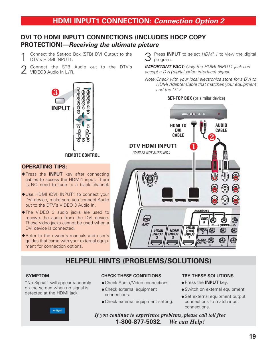 Hdmi1 (hdmi to dvi), Connection option 2, Hdmi input1 connection | Helpful hints (problems/solutions), Receiving the ultimate picture | Technicolor - Thomson DP50747 User Manual | Page 19 / 52