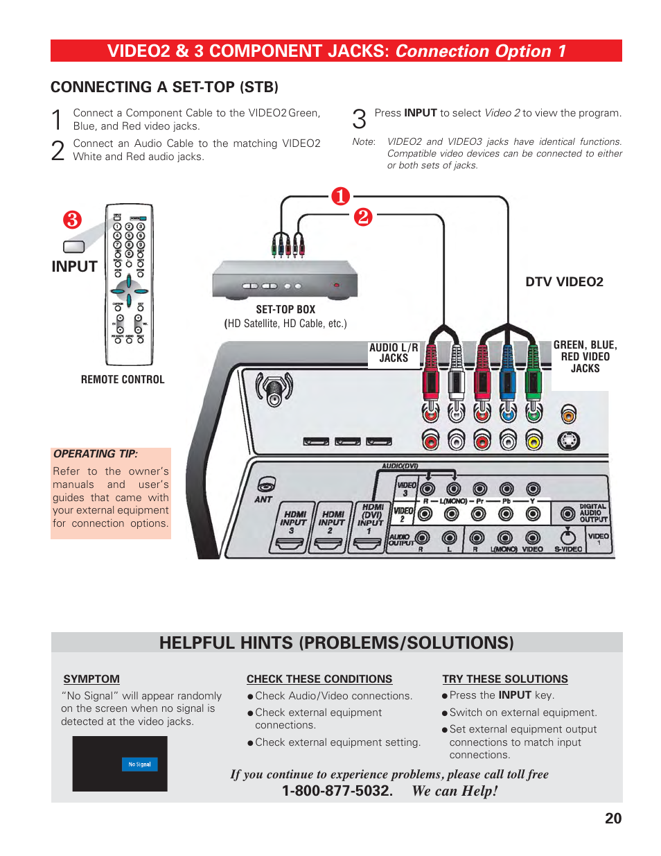 Video 2/3 (set-top box), Connection option 1, Video2 & 3 component jacks | Helpful hints (problems/solutions) | Technicolor - Thomson DP50747 User Manual | Page 20 / 52