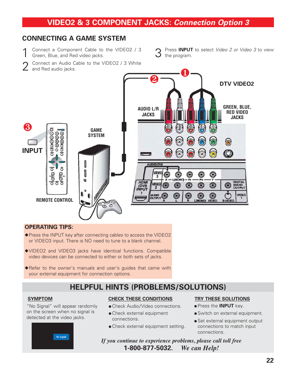 Video 2/3 (game system), Connection option 3, Video2 & 3 component jacks | Helpful hints (problems/solutions) | Technicolor - Thomson DP50747 User Manual | Page 22 / 52