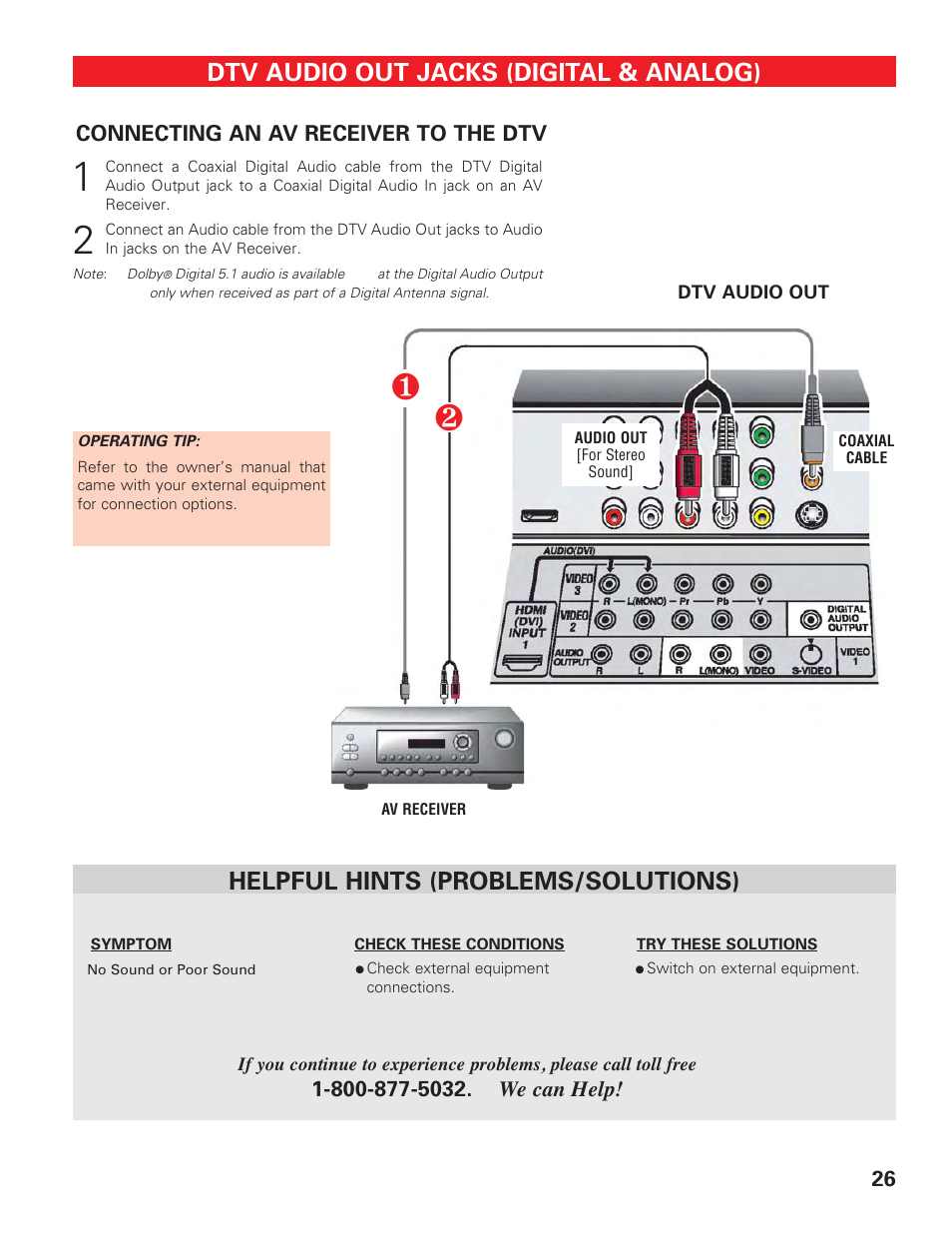 Audio out (av receiver), Dtv audio out jacks (digital & analog), Helpful hints (problems/solutions) | Technicolor - Thomson DP50747 User Manual | Page 26 / 52