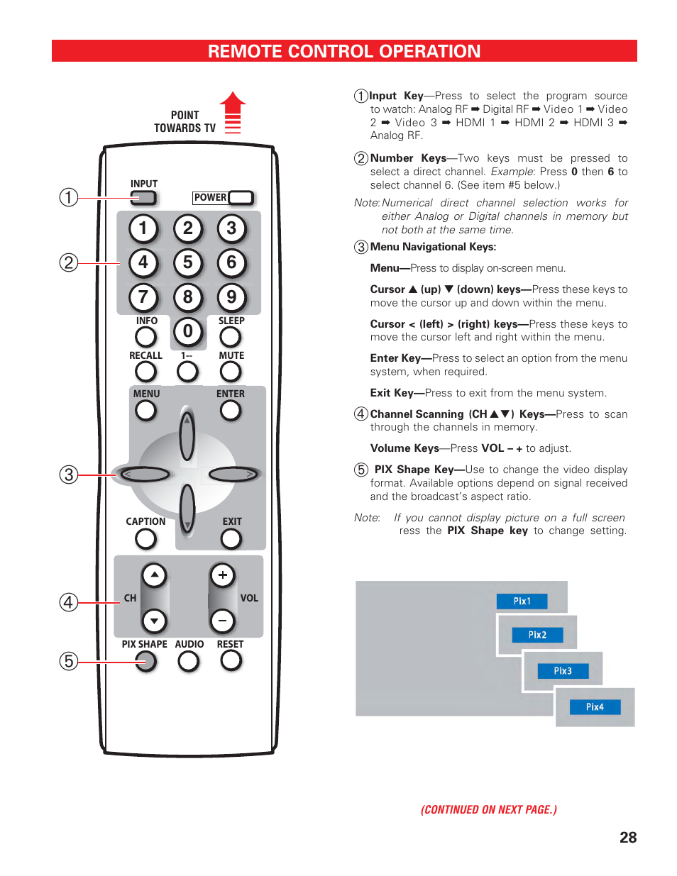 Remote control keys (1), Remote control operation | Technicolor - Thomson DP50747 User Manual | Page 28 / 52