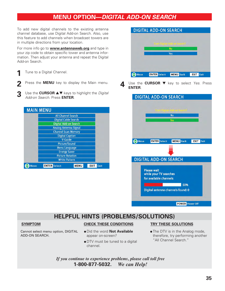 Digital add-on search, Menu option, Helpful hints (problems/solutions) | Technicolor - Thomson DP50747 User Manual | Page 35 / 52